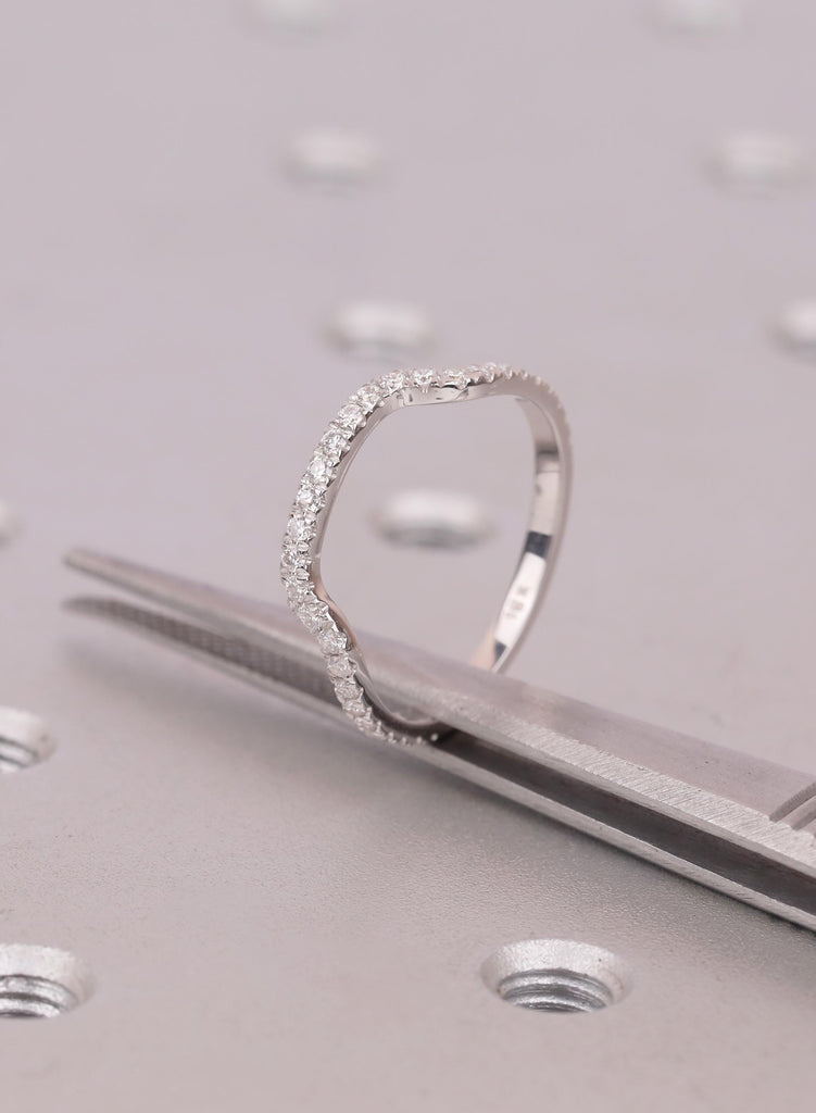 18K White Gold Diamond Contour Wedding Band, Curved Wave Stacking Ring, Diamond Ring Gift image #8