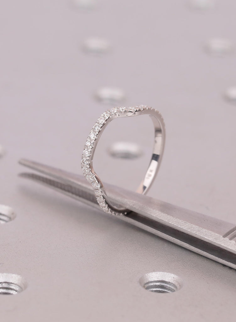 Diamond Contour Wedding Band White Gold, Curved Wave Ring for Women, Chevron Stacking Band, Floating Diamond Ring, Wedding Promise Ring Gift image #8