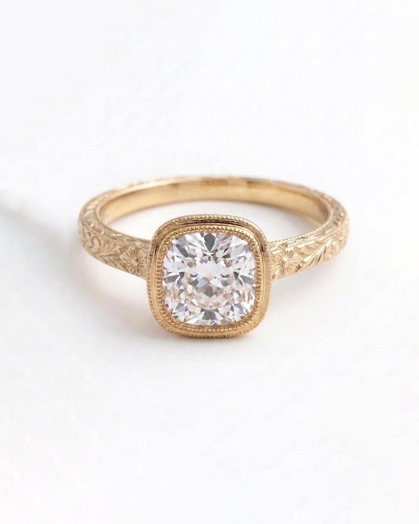 Bezel Set Square Cushion Cut Lab Grown Diamond Engagement Ring, 14k Gold Nature Jewelry image #2