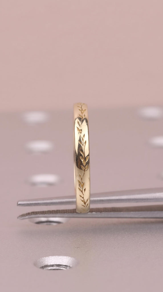 14K Solid Gold Olive Leaf Ring, Dainty Nature Inspired Ring, Wedding Band, Hand Engraved Thin Stacking Ring image #4