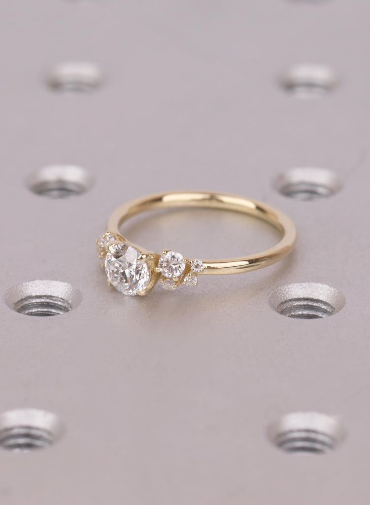 14K Yellow Gold Moissanite Diamond Cluster Ring, Dainty Multi Stone Engagement Ring, Art Deco Statement Jewelry image #7