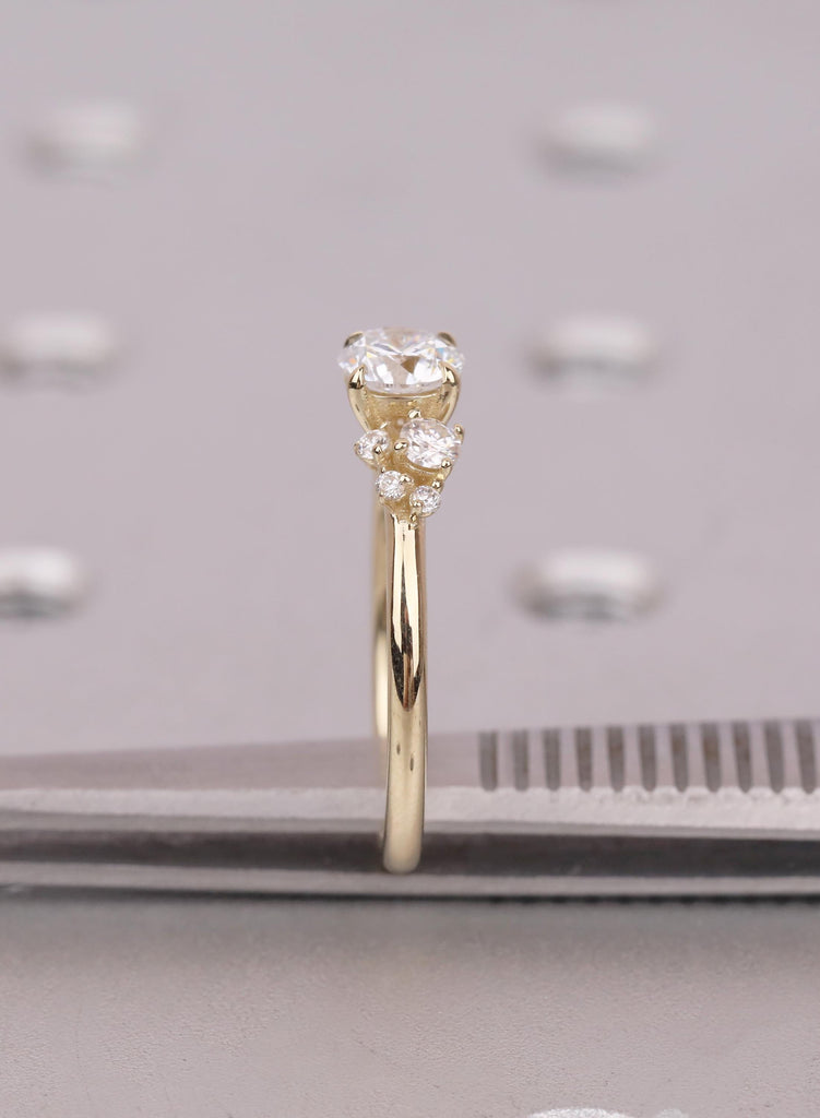 14K Yellow Gold Moissanite Diamond Cluster Ring, Dainty Multi Stone Engagement Ring, Art Deco Statement Jewelry image #13
