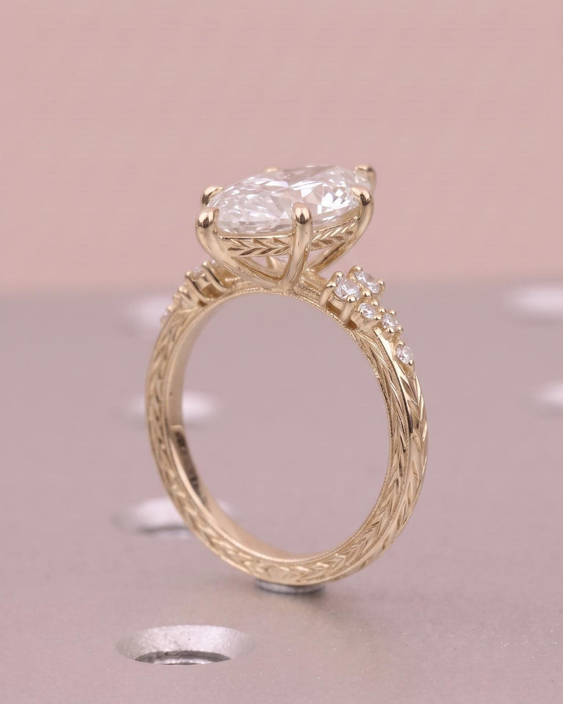 14k Yellow Gold Lab Grown Diamond Cluster Ring, Marquise Engagement Ring, Unique Nature Inspired Wedding Rings for Women, Vintage jewelry image #4