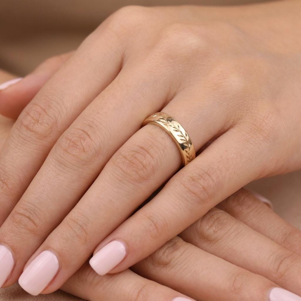 14K/18K Solid Gold Olive Leaf Ring | Nature Inspired Wedding Ring for Women | 5mm Wedding Band Stacking Ring image #2