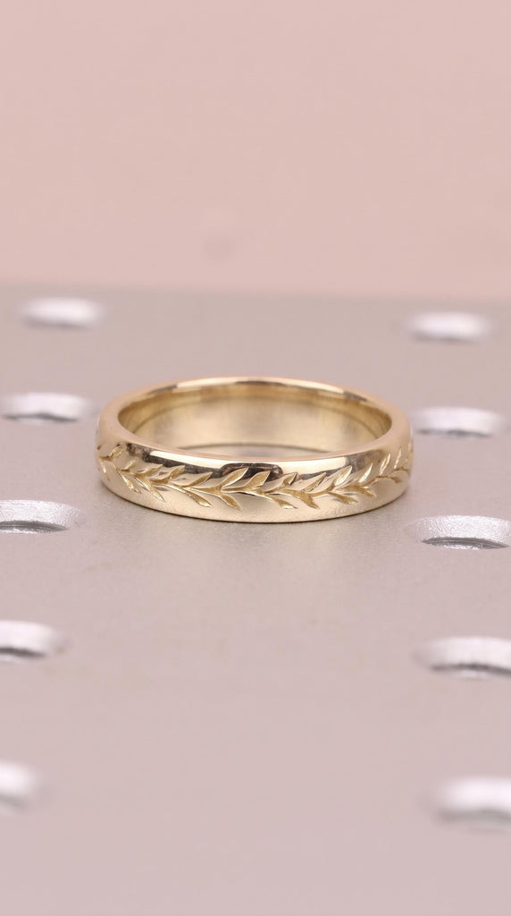 Minimalist 5mm Wedding Bands for Women | Vintage Vine & Leaf Stackable Ring | Gold or Platinum Couples Ring Anniversary Gift image #4