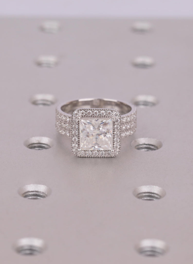 Princess Cut Moissanite Halo Engagement Ring Set, 18K White Gold, Curved Band image #15