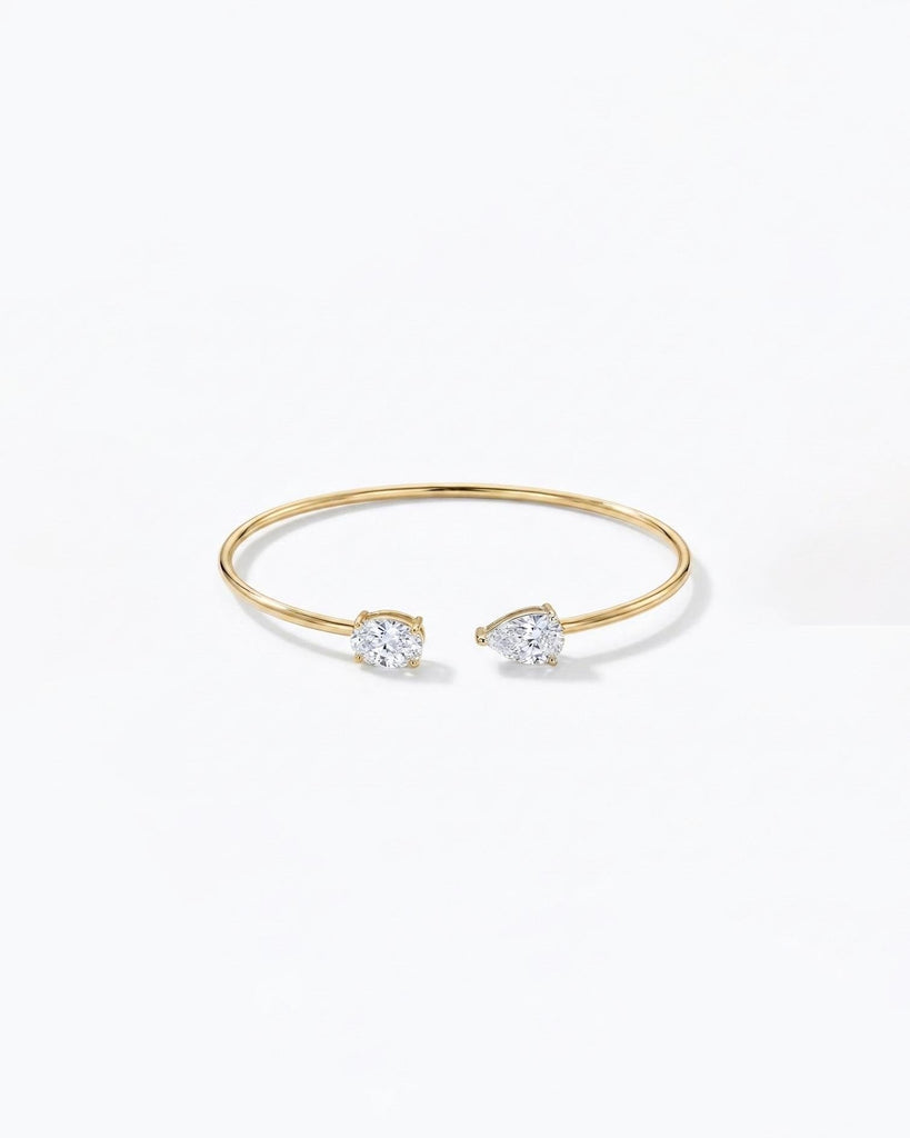 Open Cuff Bangle Bracelet for Women, Oval, Pear Cut Moissanite Toi et Moi Bracelet, Dainty 18k/14k Gold Modern Bridal Jewelry, Gift for Her image #3