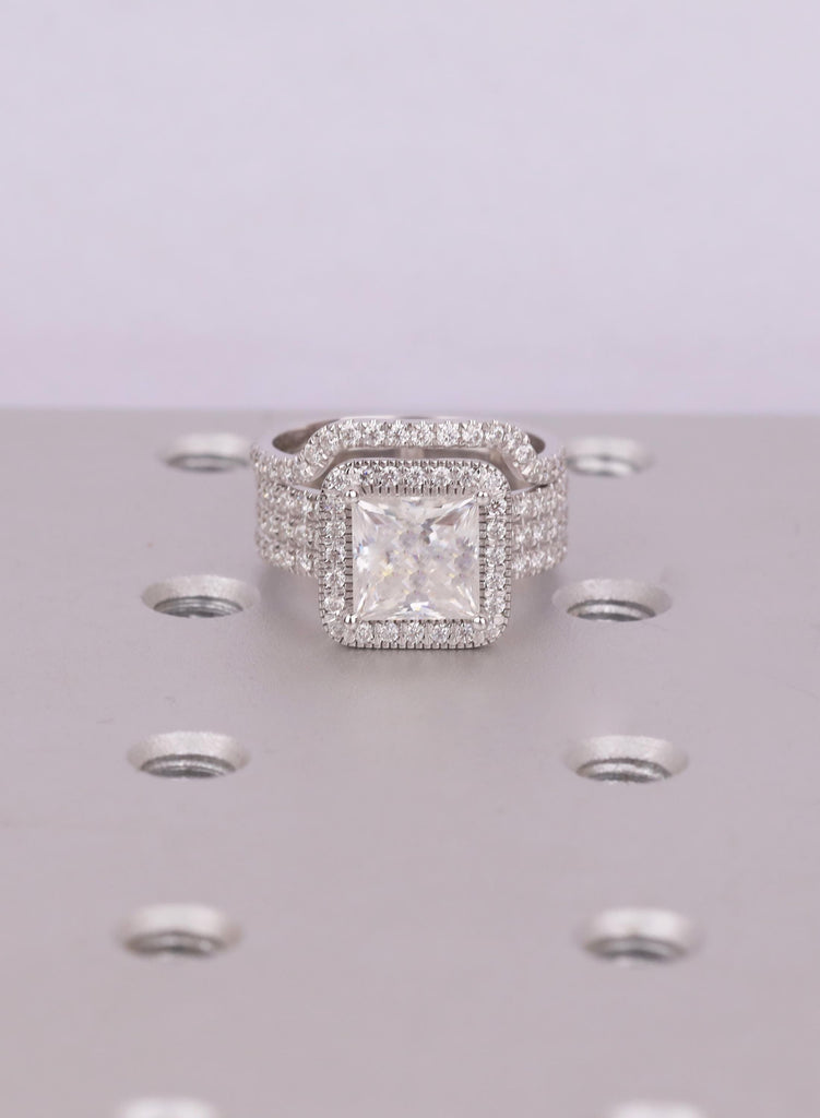 Princess Cut Moissanite Halo Engagement Ring Set, 18K White Gold, Curved Band image #2