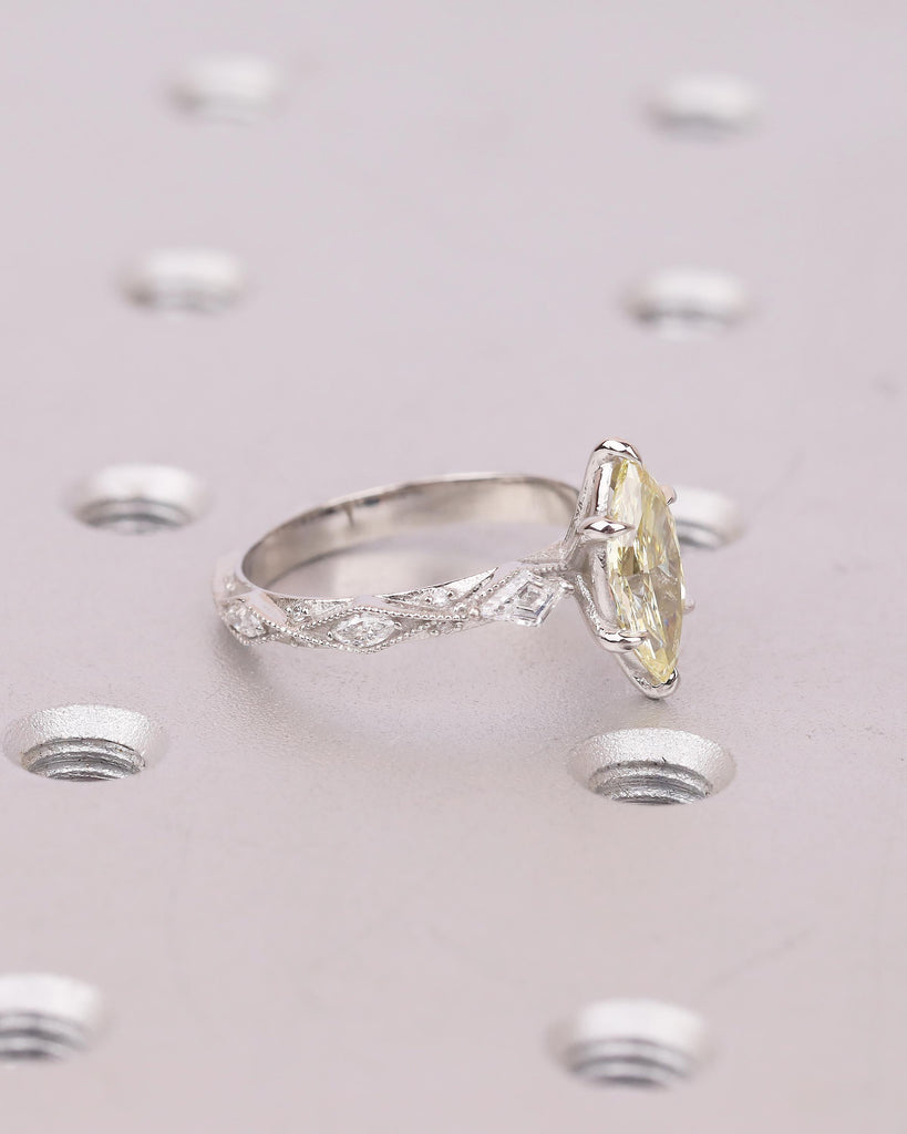 Canary Yellow Diamond Engagement Ring, Vintage Marquise Cut Platinum Women Wedding Rings, Milgrain Victorian Ring, Bridal Jewelry for Her image #8