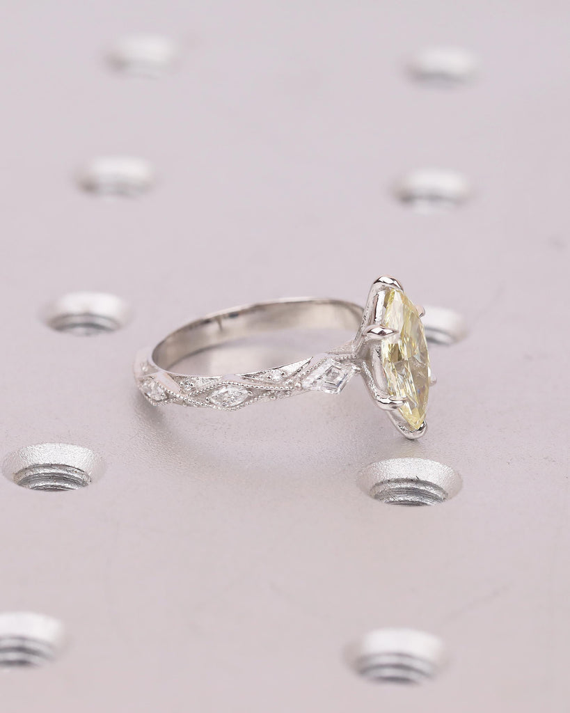 Marquise Fancy Yellow Lab Grown Diamond Engagement Ring, Platinum Heirloom Jewelry image #8
