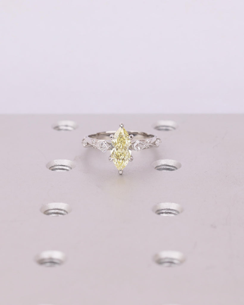 Canary Yellow Diamond Engagement Ring, Vintage Marquise Cut Platinum Women Wedding Rings, Milgrain Victorian Ring, Bridal Jewelry for Her image #9