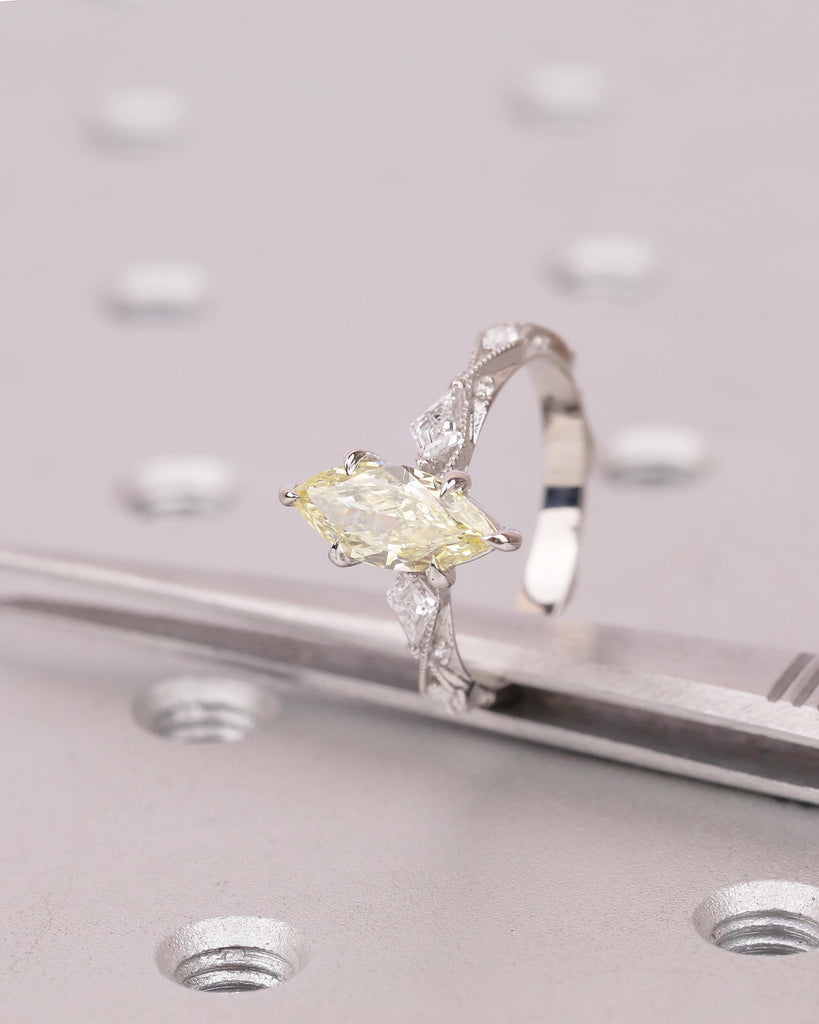 Canary Yellow Diamond Engagement Ring, Vintage Marquise Cut Platinum Women Wedding Rings, Milgrain Victorian Ring, Bridal Jewelry for Her image #15