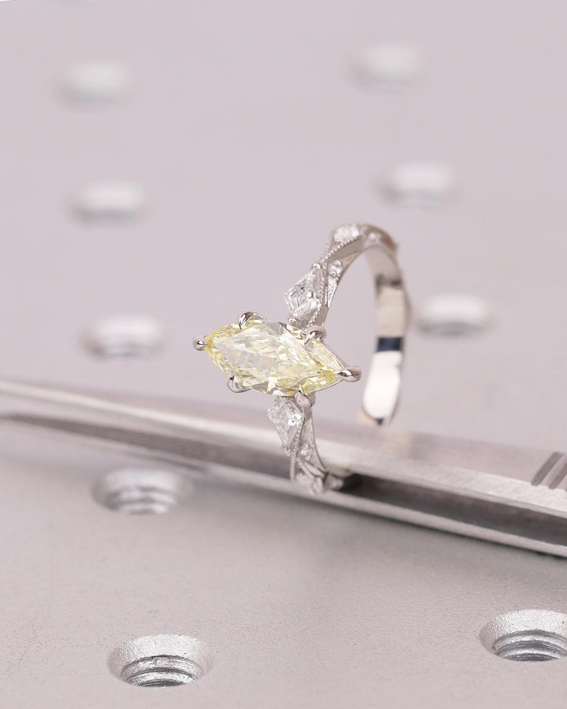 Marquise Fancy Yellow Lab Grown Diamond Engagement Ring, Platinum Heirloom Jewelry image #15