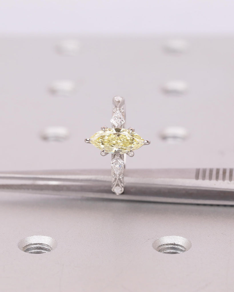 Marquise Fancy Yellow Lab Grown Diamond Engagement Ring, Platinum Heirloom Jewelry image #11