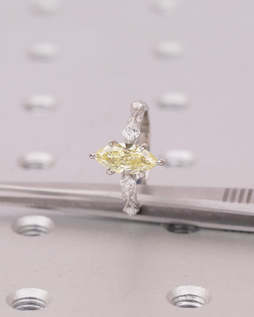 Canary Yellow Diamond Engagement Ring, Vintage Marquise Cut Platinum Women Wedding Rings, Milgrain Victorian Ring, Bridal Jewelry for Her image #4