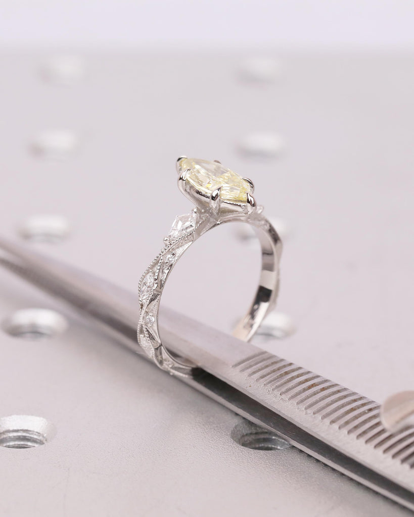 Canary Yellow Diamond Engagement Ring, Vintage Marquise Cut Platinum Women Wedding Rings, Milgrain Victorian Ring, Bridal Jewelry for Her image #16