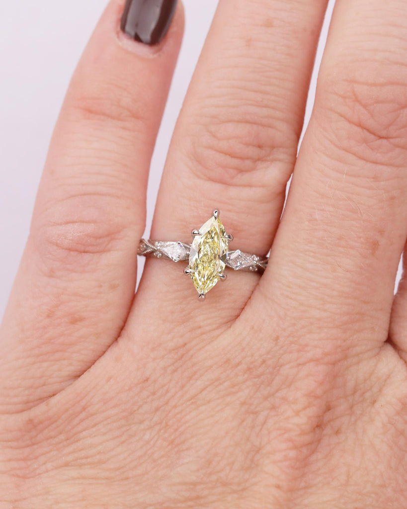 Canary Yellow Diamond Engagement Ring, Vintage Marquise Cut Platinum Women Wedding Rings, Milgrain Victorian Ring, Bridal Jewelry for Her image #10