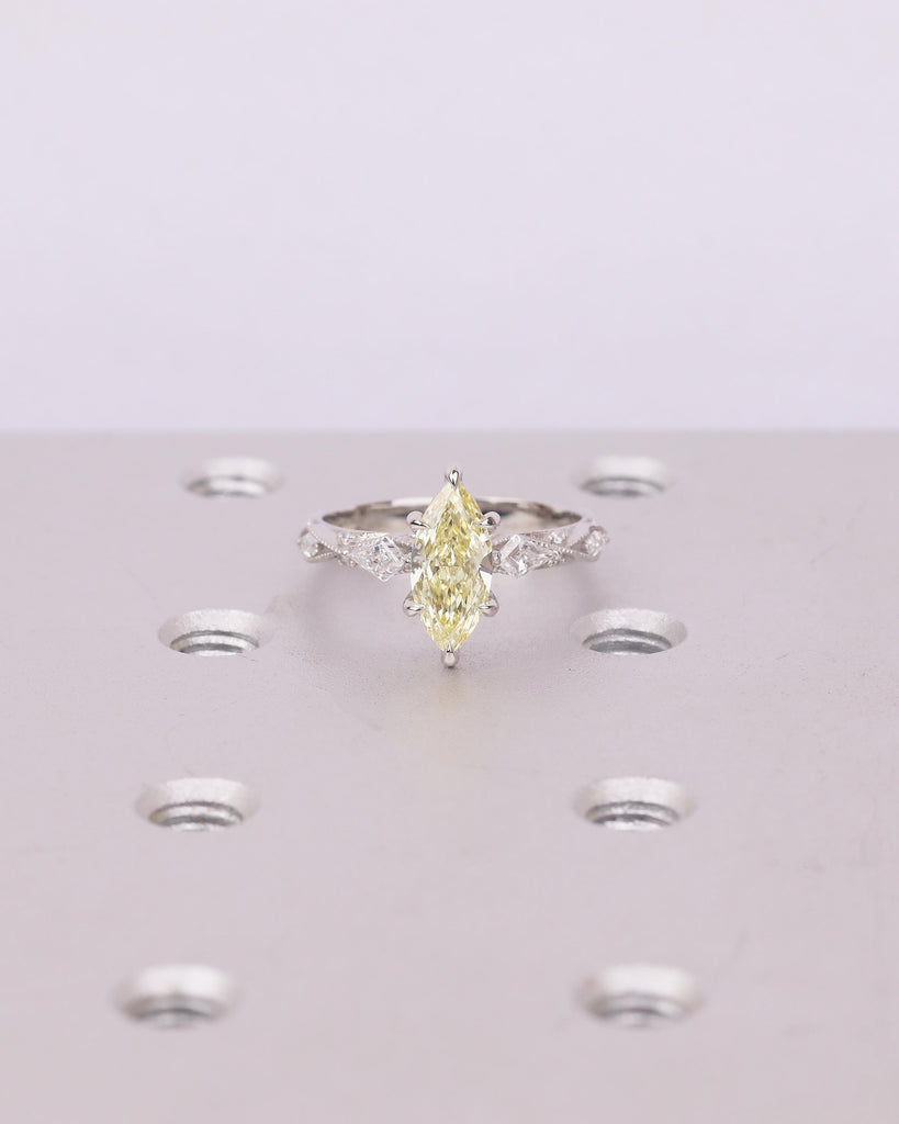 1ct Canary Yellow Lab Made Diamond Marquise Ring, Platinum Engagement Ring, Victorian Wedding Jewelry, Personalized Handmade Milgrain Rings image #4