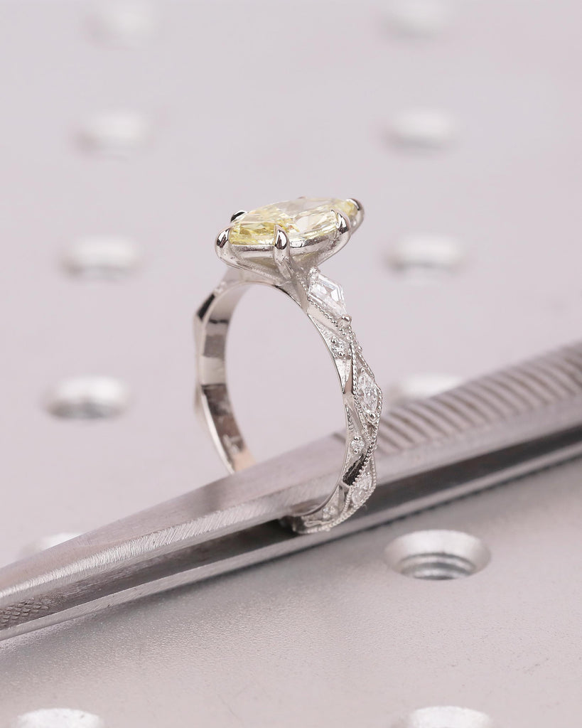 1 Carat Fancy Yellow Lab Grown Diamond Ring, Platinum Marquise Engagement Ring, Vintage Jewelry image #10