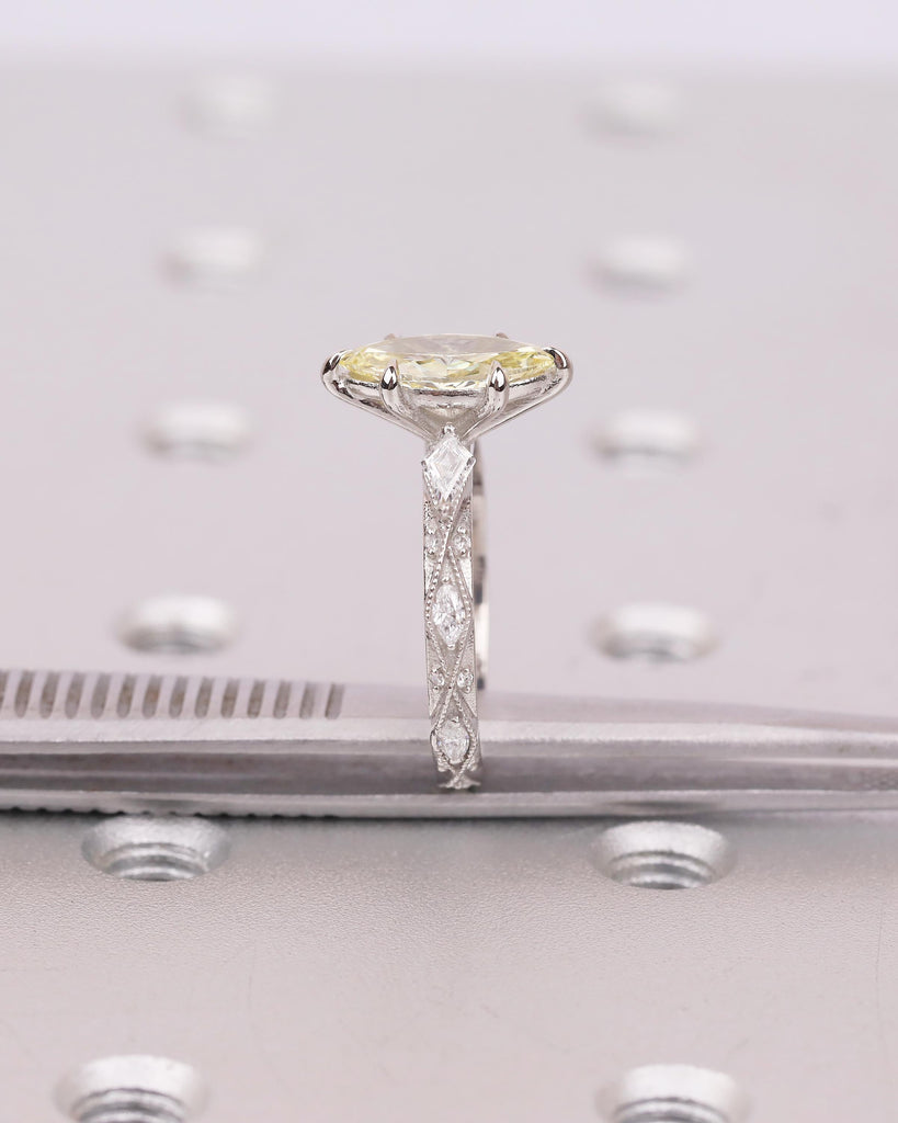 1 Carat Fancy Yellow Lab Grown Diamond Ring, Platinum Marquise Engagement Ring, Vintage Jewelry image #6