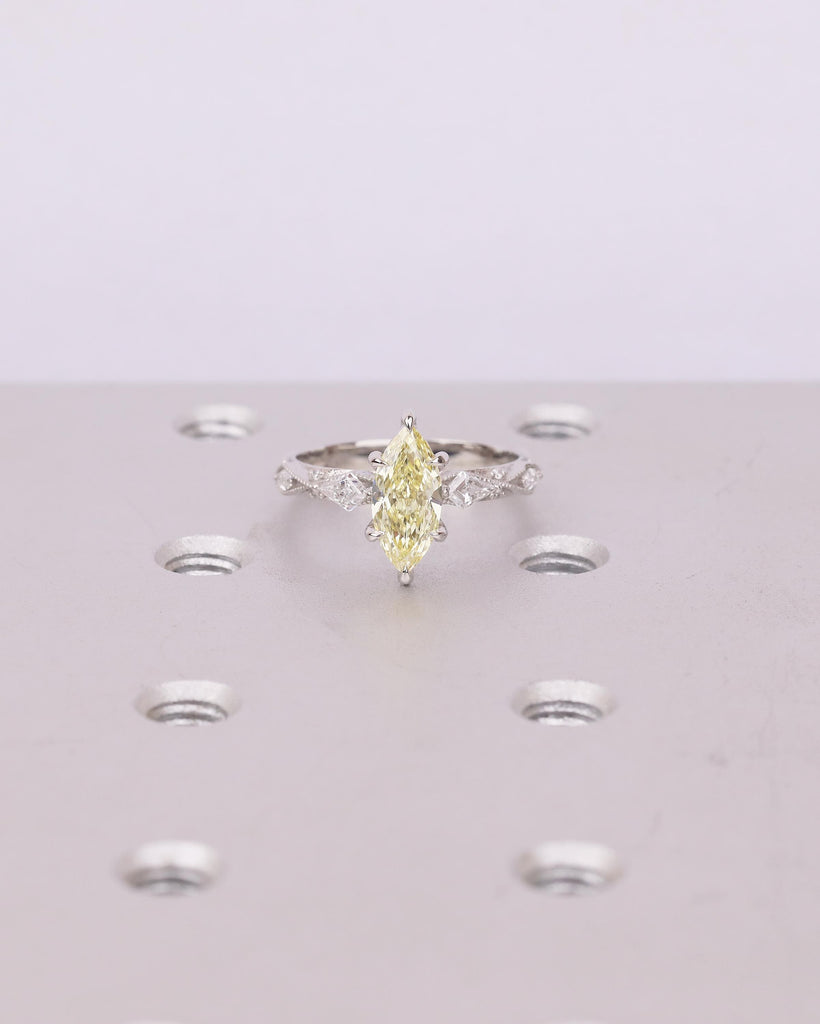 1 Carat Fancy Yellow Lab Grown Diamond Ring, Platinum Marquise Engagement Ring, Vintage Jewelry image #9