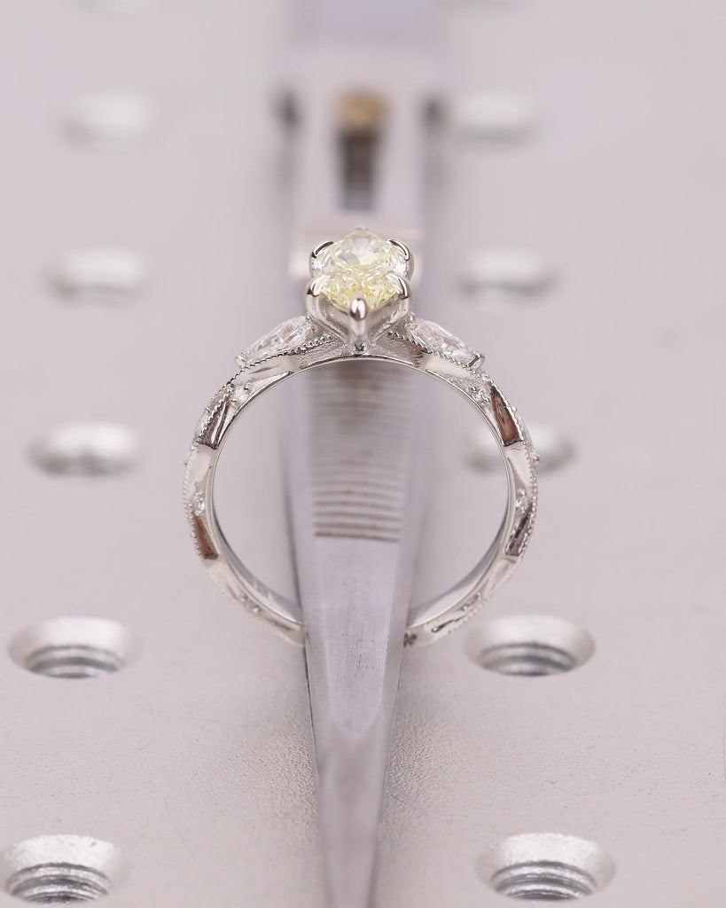 1 Carat Fancy Yellow Lab Grown Diamond Ring, Platinum Marquise Engagement Ring, Vintage Jewelry image #8