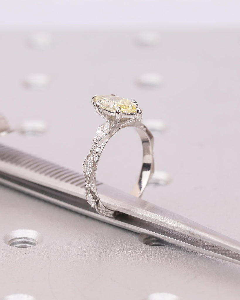 1 Carat Fancy Yellow Lab Grown Diamond Ring, Platinum Marquise Engagement Ring, Vintage Jewelry image #17