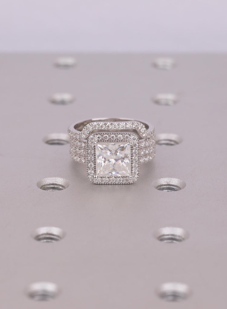18K Solid White Gold Ring Set: Moissanite Princess Cut Halo Engagement Ring Set, Curved Pave Band, 18K White Gold, Bridal Jewelry Set image #2