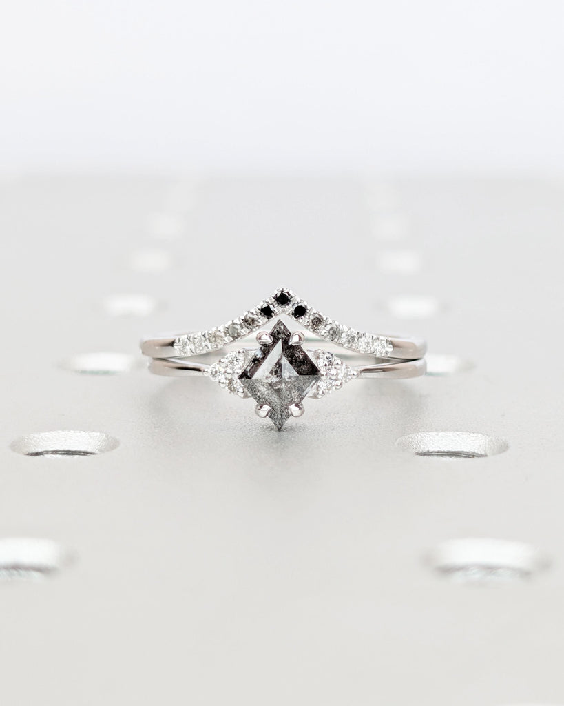Salt and Pepper Kite Diamond Engagement Ring Set | 14K White Gold Wedding Ring Set | Ombre Diamond Curved Wedding Band | Art Deco Bridal Set image #3