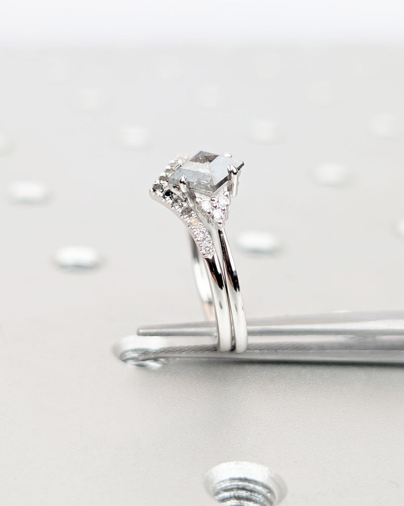 Salt and Pepper Kite Diamond Engagement Ring Set | 14K White Gold Wedding Ring Set | Ombre Diamond Curved Wedding Band | Art Deco Bridal Set image #10