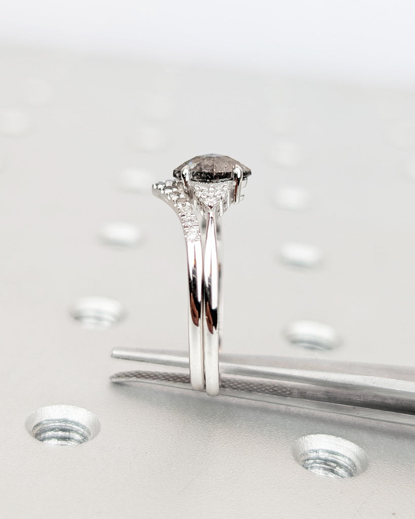 Salt and Pepper Kite Diamond Engagement Ring Set | 14K White Gold Wedding Ring Set | Ombre Diamond Curved Wedding Band | Art Deco Bridal Set image #9