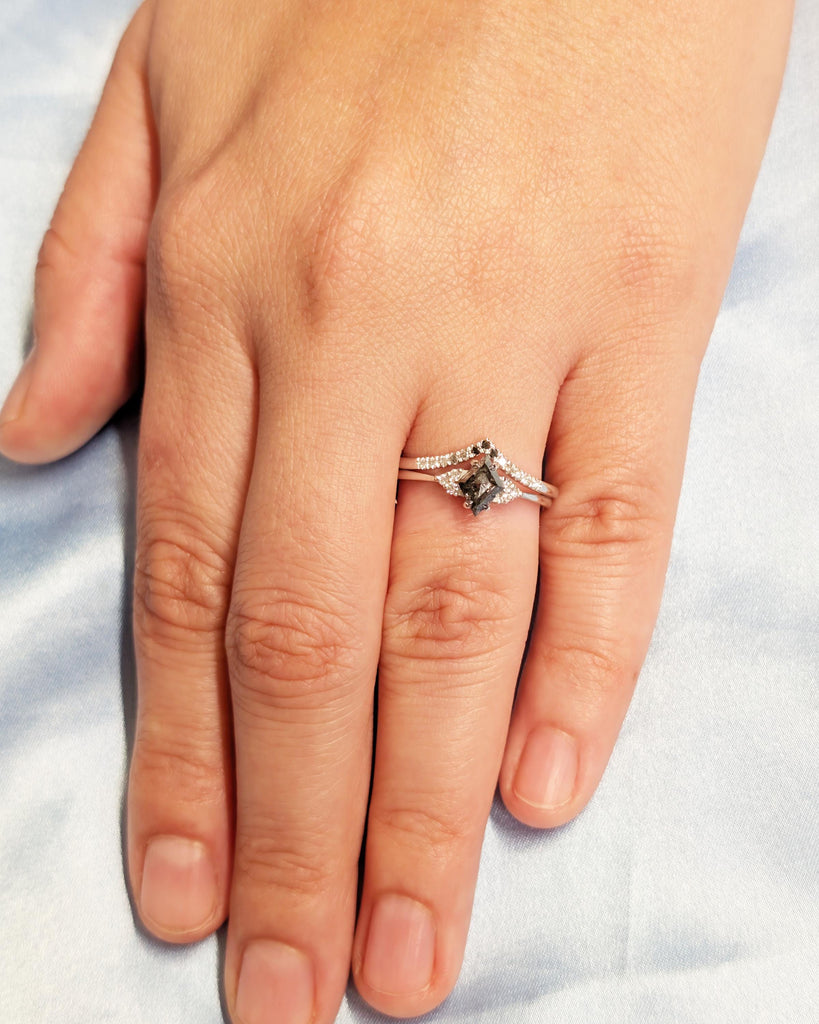 Salt and Pepper Kite Diamond Engagement Ring Set | 14K White Gold Wedding Ring Set | Ombre Diamond Curved Wedding Band | Art Deco Bridal Set image #2