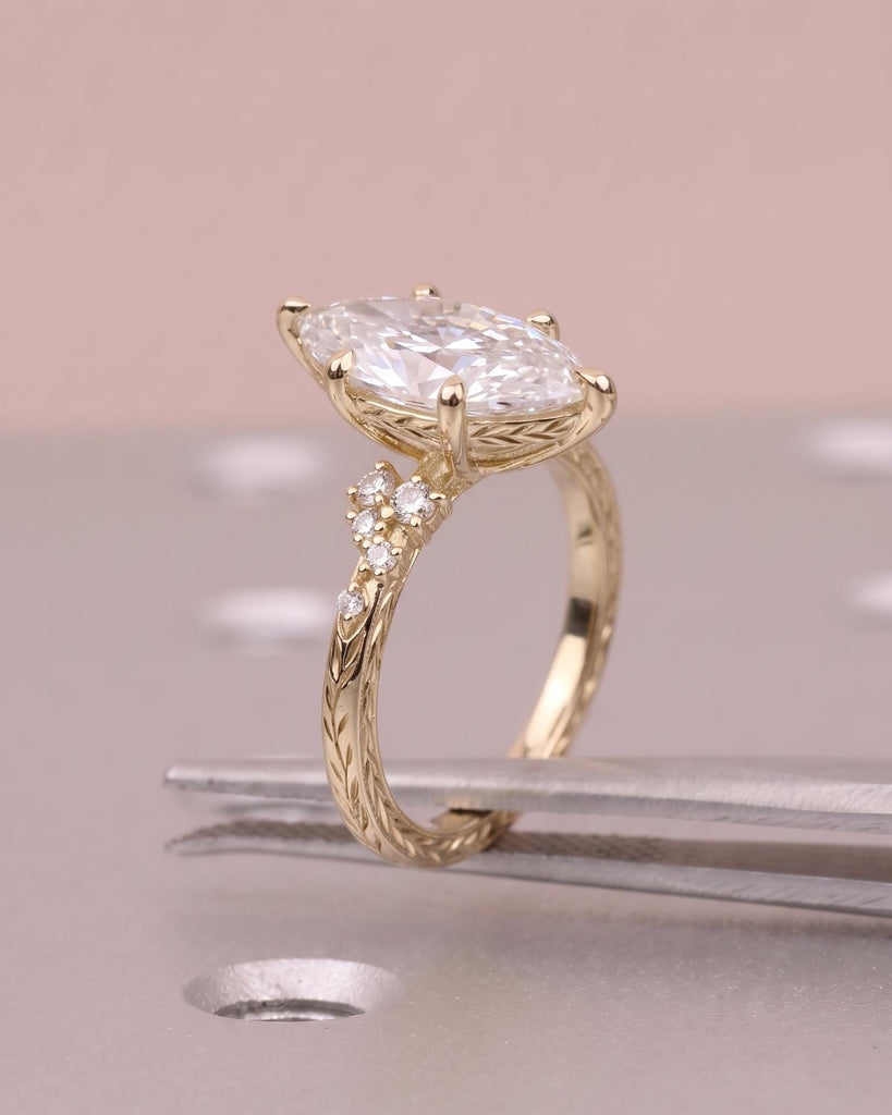 Marquise Cut Moissanite Engagement Ring, Art Deco 14k Yellow Gold Hand-Engraved Olive Leaf Band, Snowdrift Diamond Cluster Wedding Ring image #3