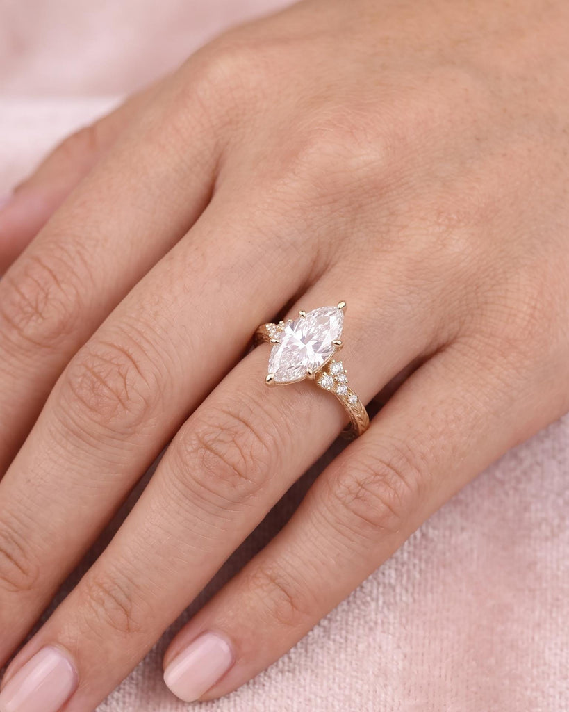 Marquise Cut Moissanite Engagement Ring, Art Deco 14k Yellow Gold Hand-Engraved Olive Leaf Band, Snowdrift Diamond Cluster Wedding Ring image #2