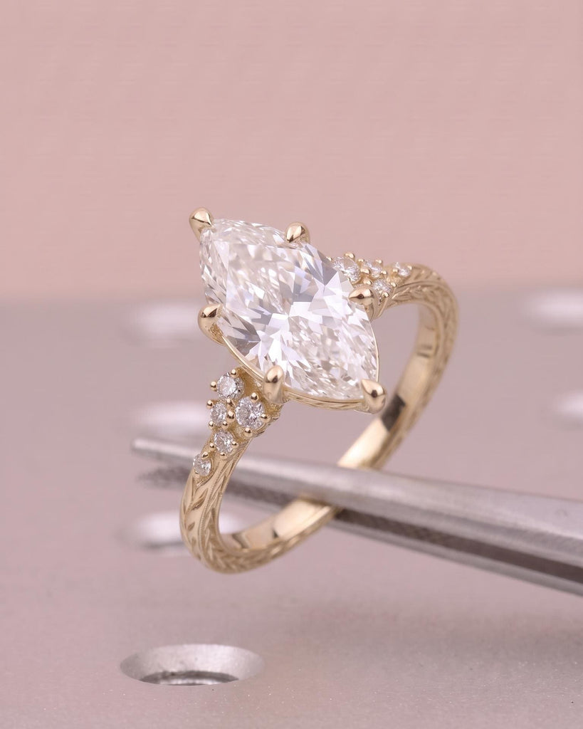 Marquise Cut Moissanite Engagement Ring, Art Deco 14k Yellow Gold Hand-Engraved Olive Leaf Band, Snowdrift Diamond Cluster Wedding Ring image #1