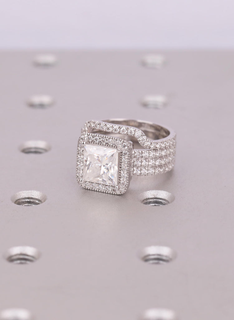 Lab Grown Diamond Bridal Set, Princess Cut Halo Engagement Ring, White Gold Chunky Pave Band, Wedding Ring Set, Conflict Free Diamond Ring image #1