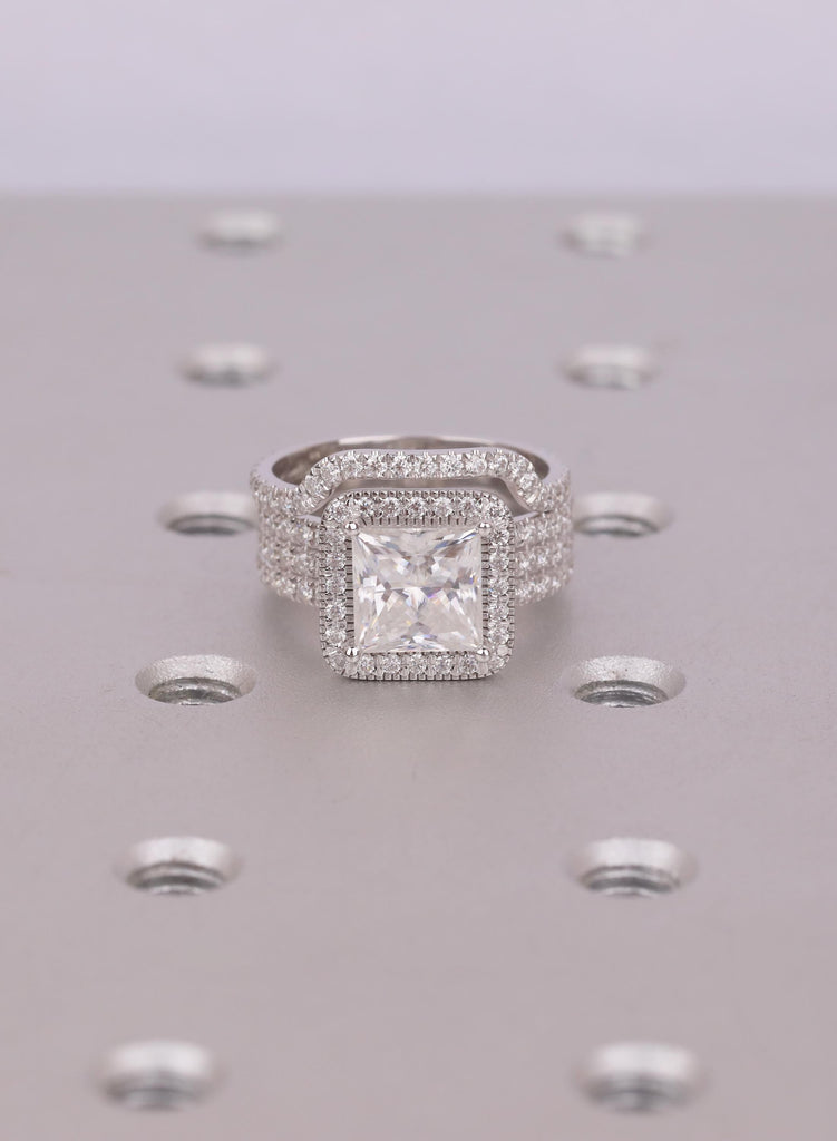 Art Deco Princess Cut Bridal Ring Set, Lab Grown Diamond, 18K White Gold Ring, Wedding Jewelry Set, Modern Women's Ring, Statement Ring Gift image #1