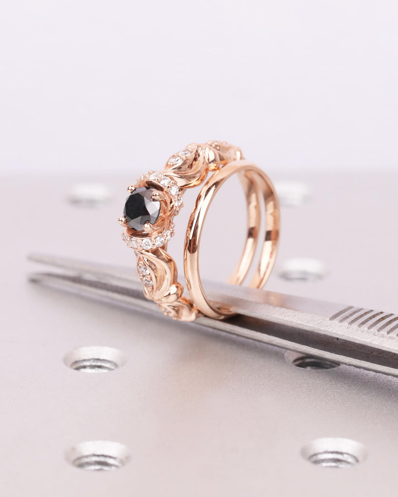 Unique Engagement Ring Set: 14K Rose Gold, Art Deco Round Black Diamond Ring, 1.8mm Wedding Band, Floral Promise Ring for Women image #10