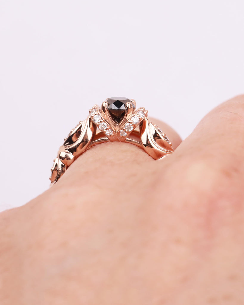 Unique Engagement Ring Set: 14K Rose Gold, Art Deco Round Black Diamond Ring, 1.8mm Wedding Band, Floral Promise Ring for Women image #5
