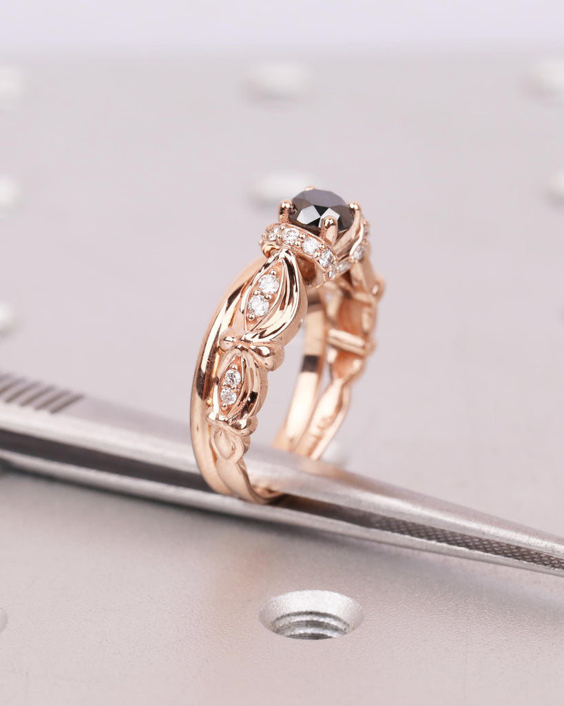Unique Engagement Ring Set: 14K Rose Gold, Art Deco Round Black Diamond Ring, 1.8mm Wedding Band, Floral Promise Ring for Women image #11