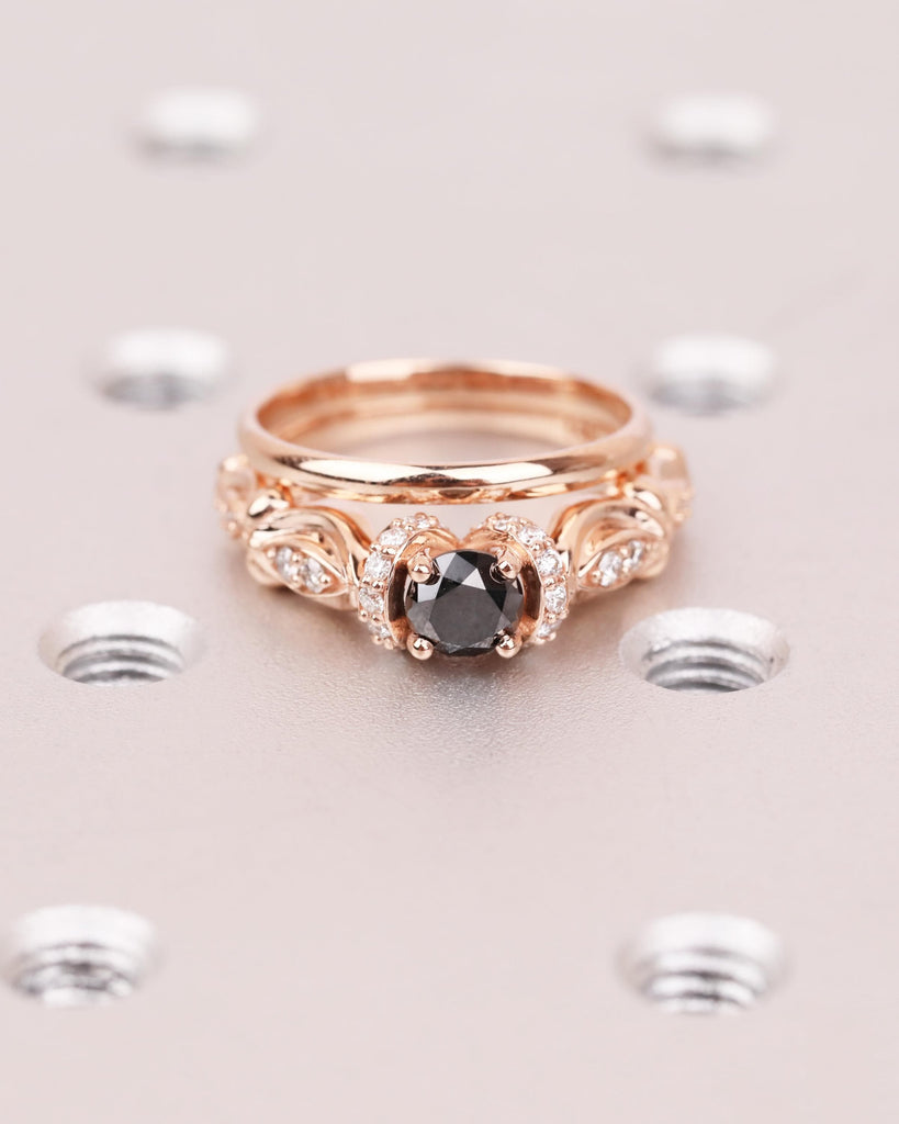 Unique Engagement Ring Set: 14K Rose Gold, Art Deco Round Black Diamond Ring, 1.8mm Wedding Band, Floral Promise Ring for Women image #2