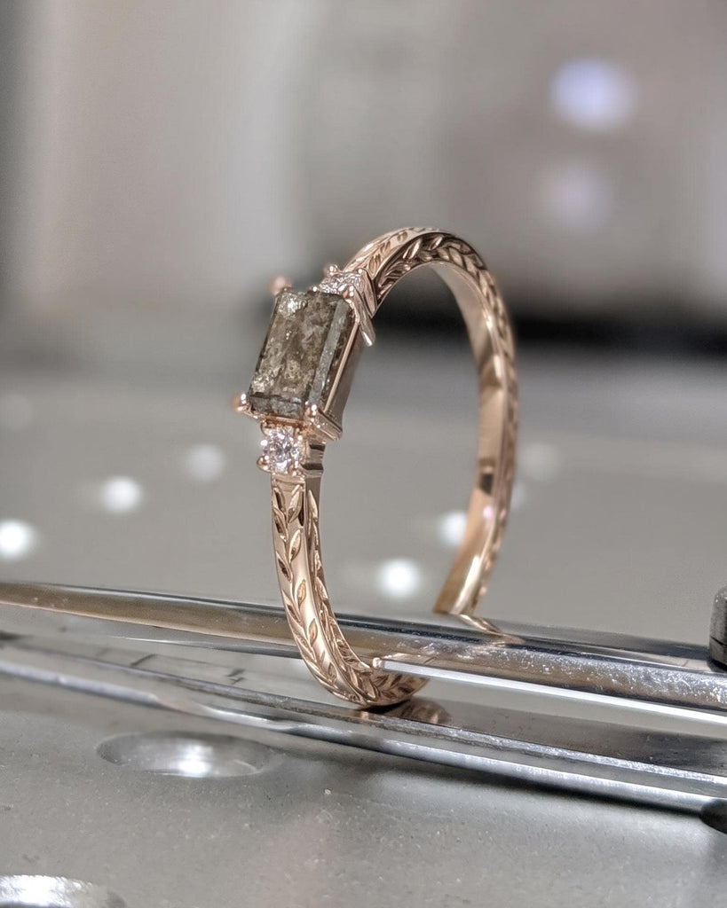 Three Stone Diamond Engagement Ring, 18k/14k Rose Gold Hand Engraved Olive Leaf Band image #2