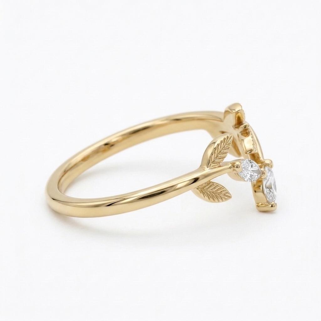 Vintage Olive Leaf Moissanite Wedding Band for Women | Solid Gold Floral Stacking Ring | Custom Bridal Jewelry image #4