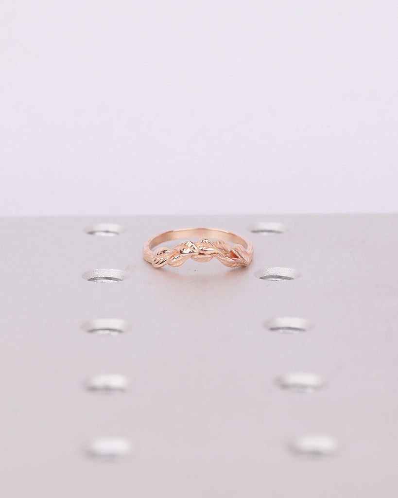 14k Rose Gold Wedding Band, Handcrafted Nature Ring, Stackable Flower Rings image #7