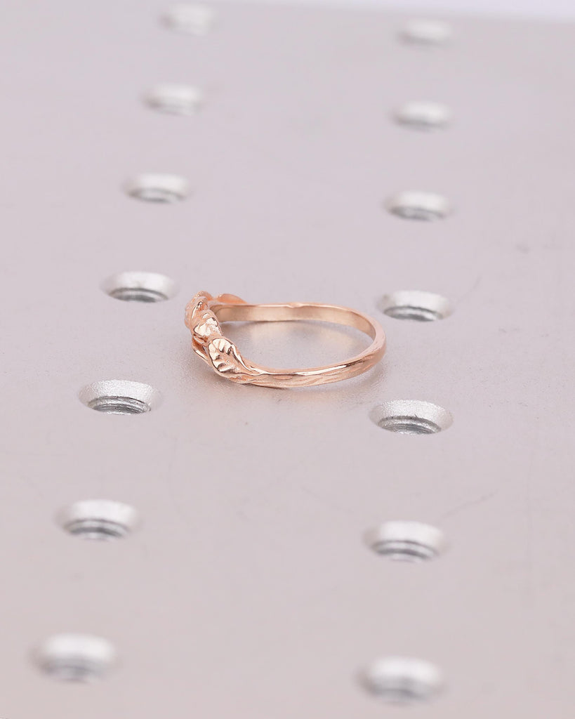 Engraved Lotus Leaves Ring, 14k Rose Gold Curved Wedding Band Women, Unique Floral Jewelry, Art Deco Nature Inspired Matching Rings for Her image #8