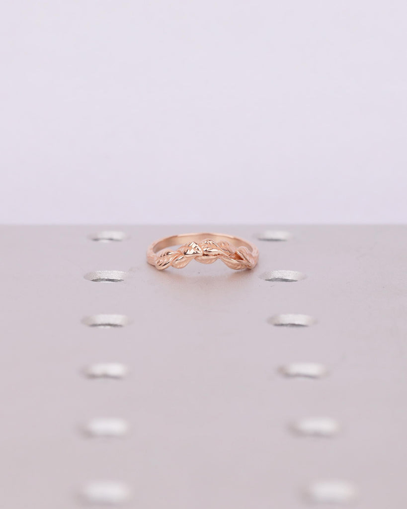 Engraved Lotus Leaves Ring, 14k Rose Gold Curved Wedding Band Women, Unique Floral Jewelry, Art Deco Nature Inspired Matching Rings for Her image #10