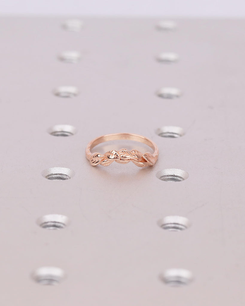 Engraved Lotus Leaves Ring, 14k Rose Gold Curved Wedding Band Women, Unique Floral Jewelry, Art Deco Nature Inspired Matching Rings for Her image #17
