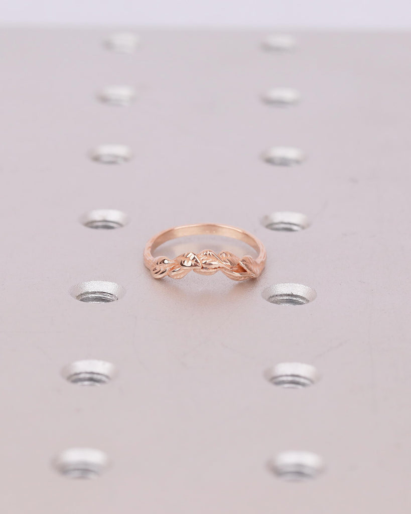 14k Rose Gold Wedding Band, Handcrafted Nature Ring, Stackable Flower Rings image #17