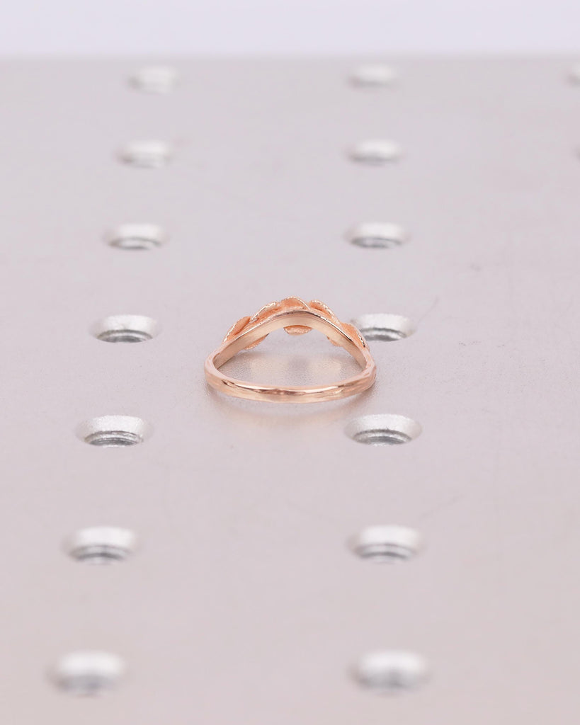 Engraved Lotus Leaves Ring, 14k Rose Gold Curved Wedding Band Women, Unique Floral Jewelry, Art Deco Nature Inspired Matching Rings for Her image #5
