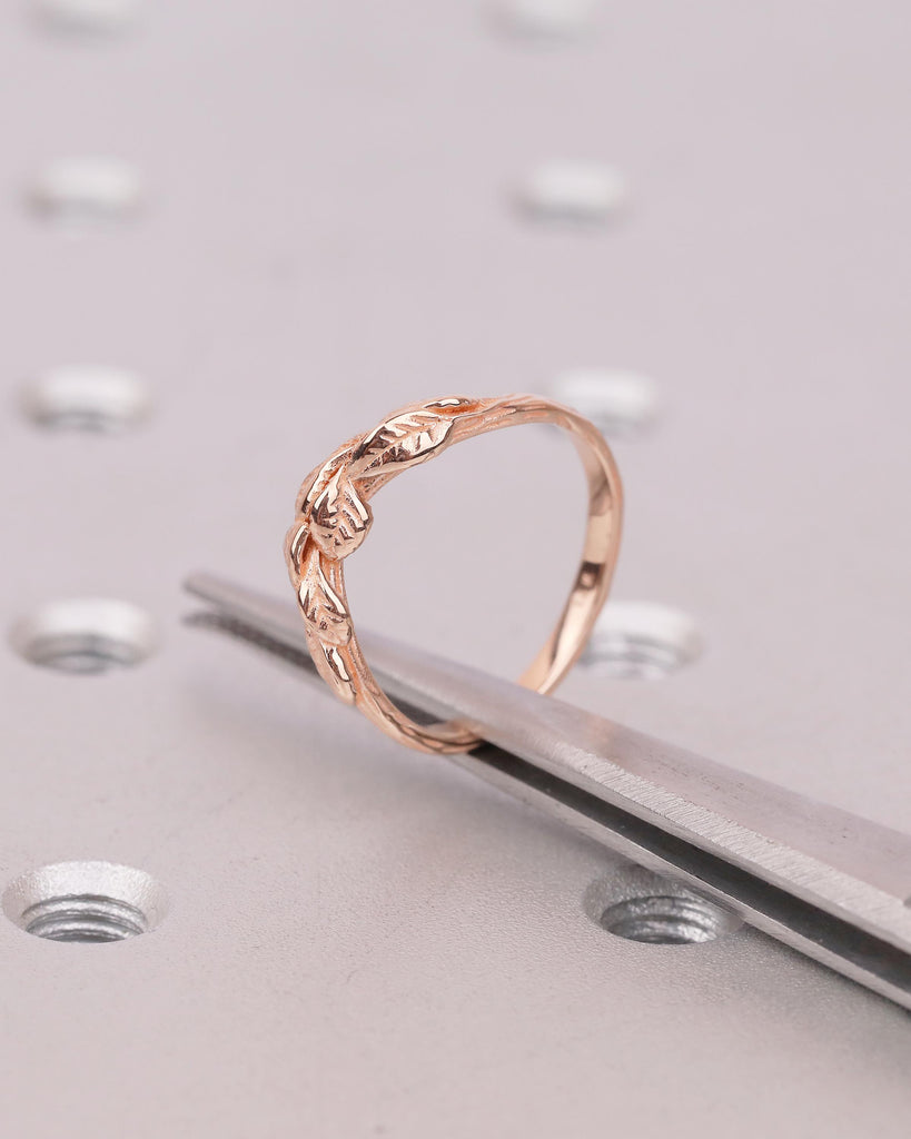 14k Rose Gold Wedding Band, Handcrafted Nature Ring, Stackable Flower Rings image #14